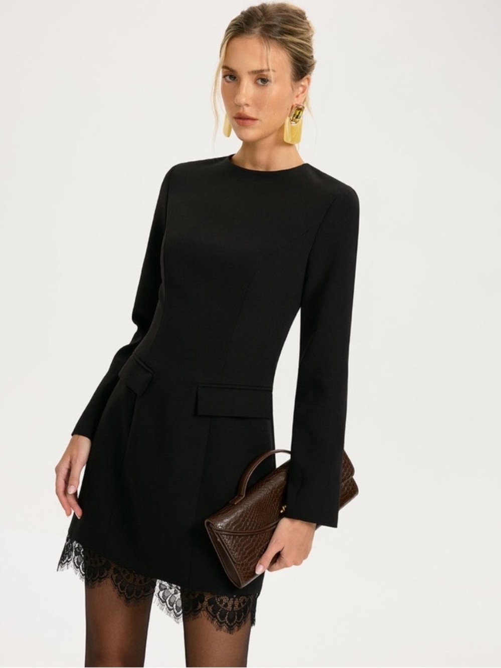 Commense Lace Trim Hem Flap Pocket Black Long Sleeve Modest Tailored Mini Dress